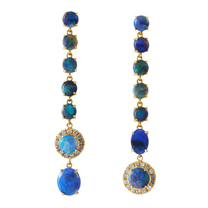 Galaxy natural black opal and gray diamond long earrings