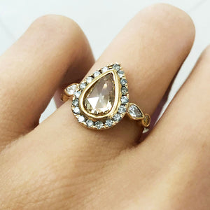 Galaxy gray diamond halo pear rose cut diamond ring