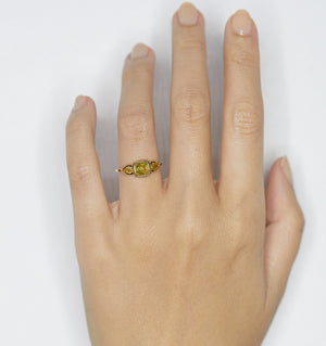 Stardust greenish yellow rose cut cushion diamond ring