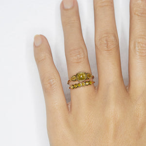 Stardust greenish yellow rose cut cushion diamond ring