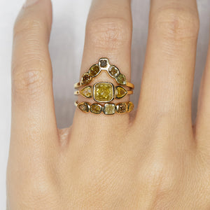 Stardust greenish yellow rose cut cushion diamond ring
