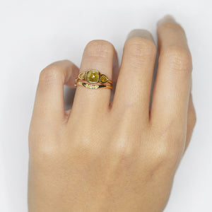 Stardust greenish yellow rose cut cushion diamond ring