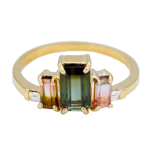 green and bi color tourmaline diamond Galaxy Ring