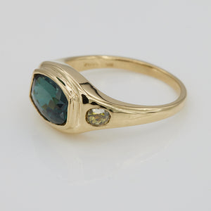 Neptune bluish green tourmaline diamond signet ring