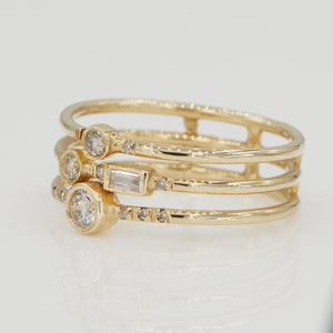 Gravity full three stack ring (with round & baguette diamonds)