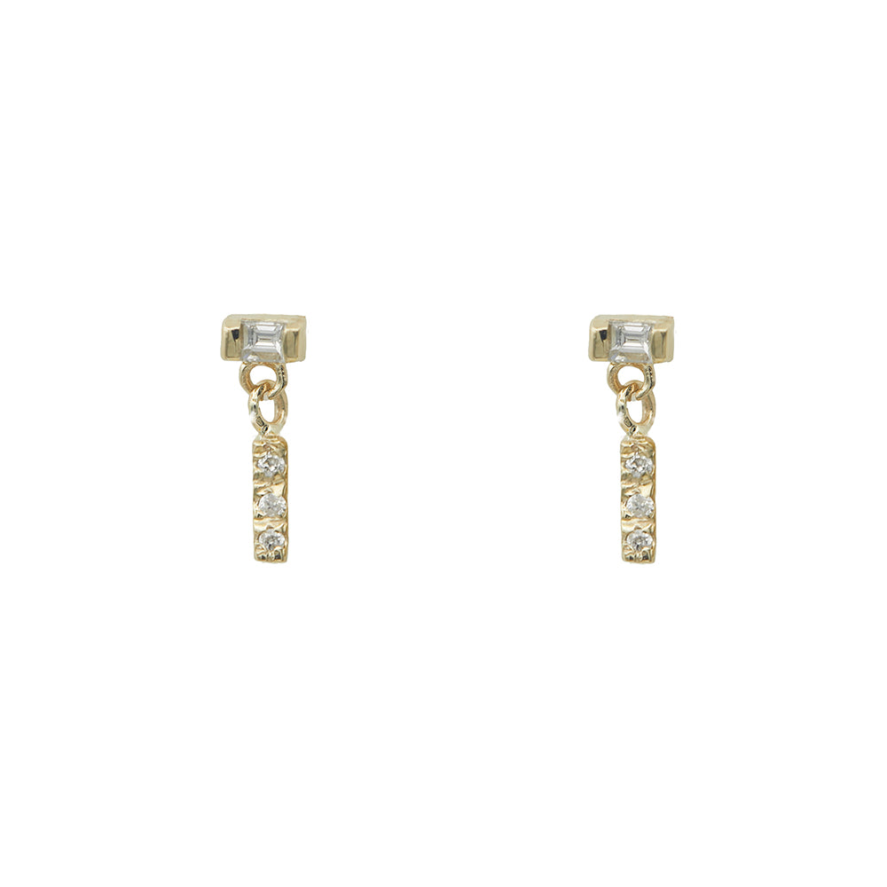 Gravity baguette diamond swinging bar stud earrings