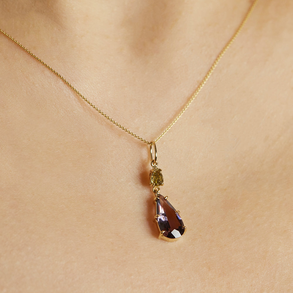Galaxy pear diamond and purple spinel pendant