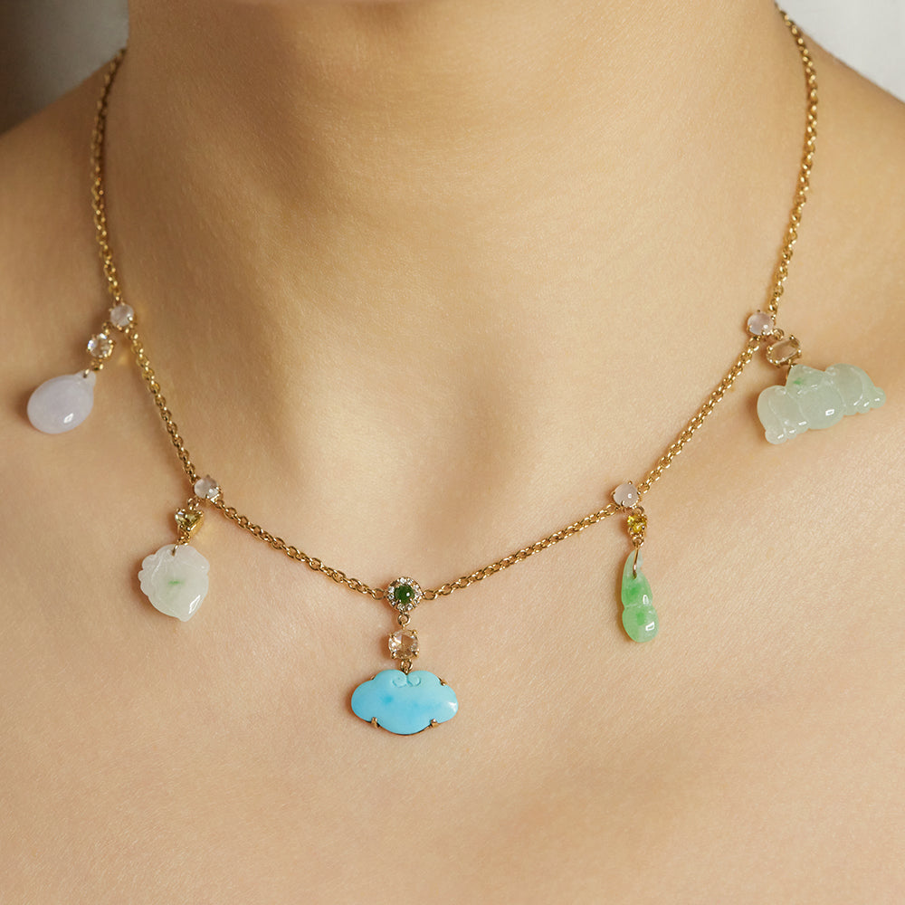 Lucky multi jadeite & turquoise charm necklace