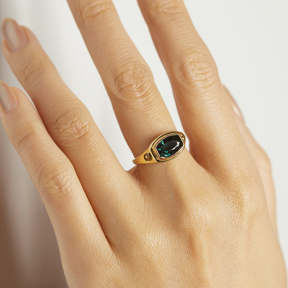 Neptune bluish green tourmaline diamond signet ring - xiao wang