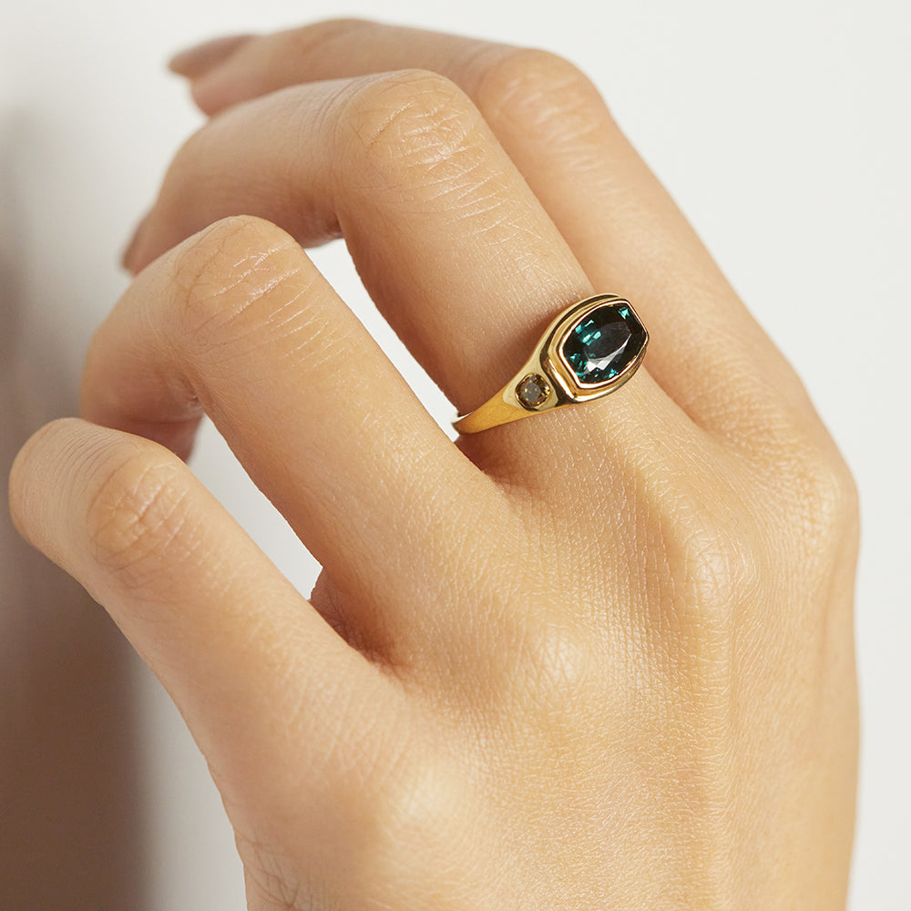 Neptune bluish green tourmaline diamond signet ring