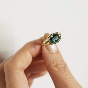 Neptune bluish green tourmaline diamond signet ring