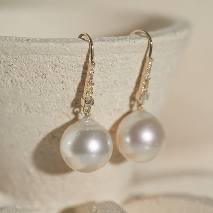 Galaxy diamond South Sea pearl dangle earrings