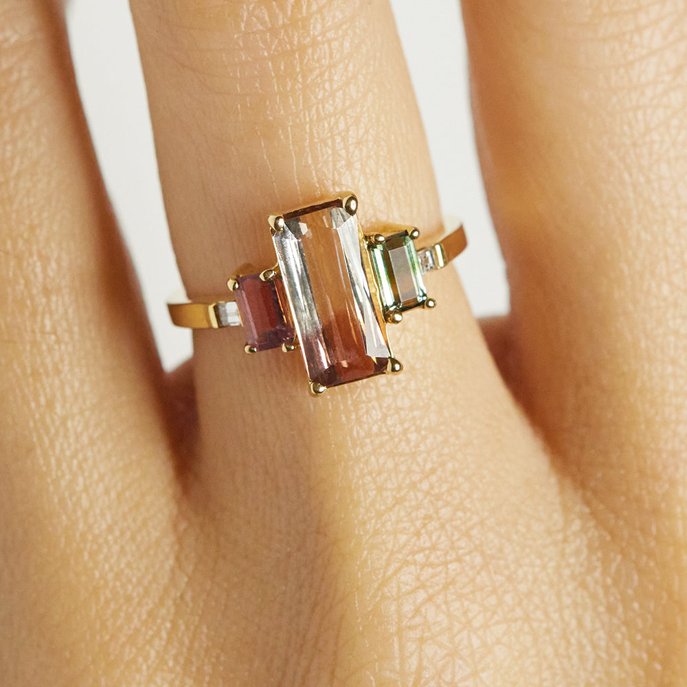 pink and bi color tourmaline baguette diamond Galaxy Ring
