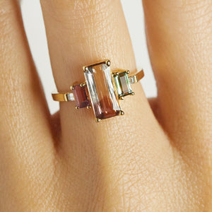pink and bi color tourmaline baguette diamond Galaxy Ring
