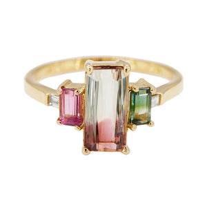 pink and bi color tourmaline baguette diamond Galaxy Ring