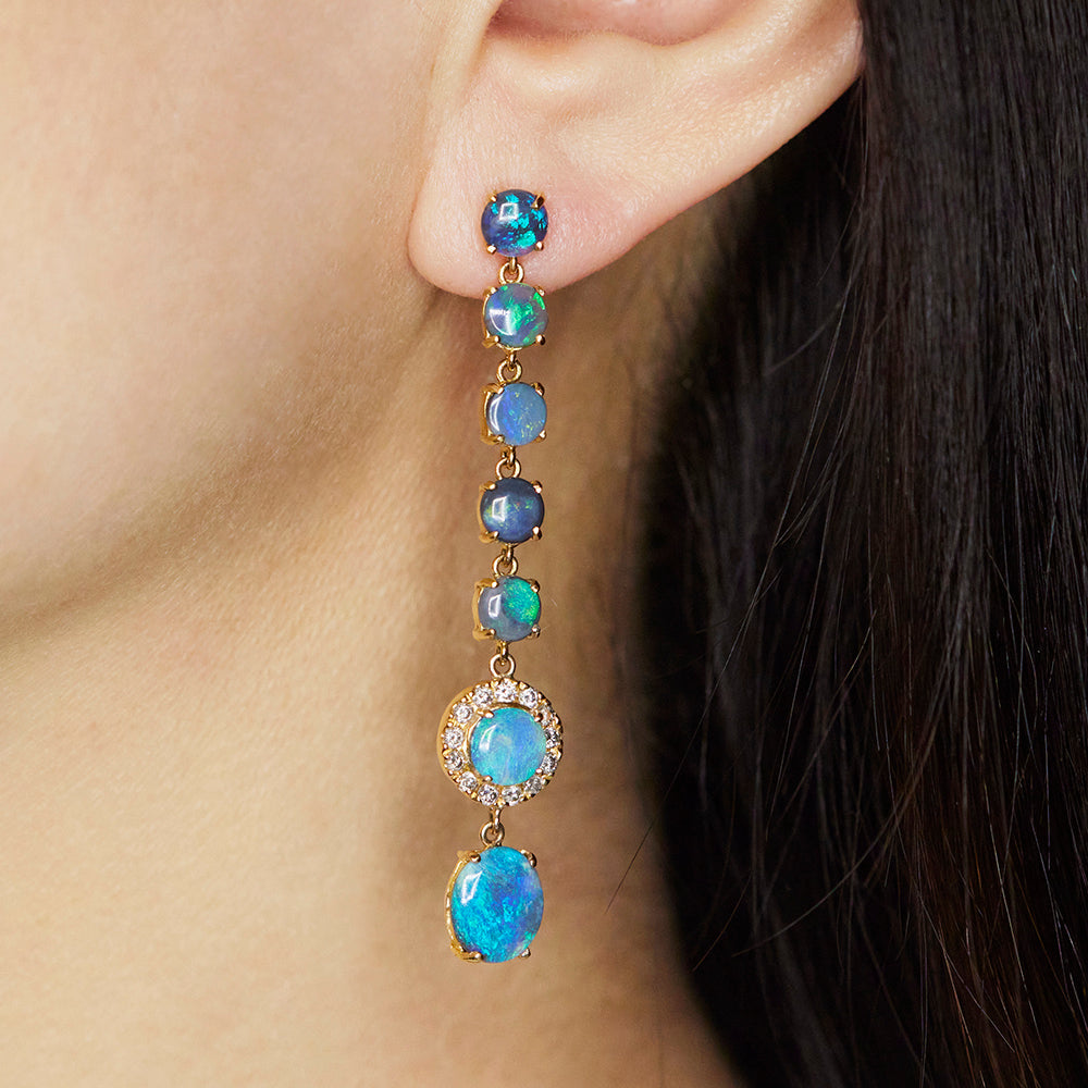 Galaxy natural black opal and gray diamond long earrings