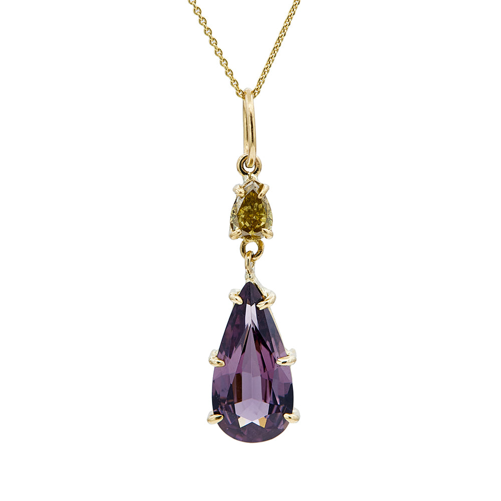 Galaxy pear diamond and purple spinel pendant