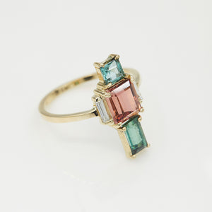 Multi color tourmaline baguette diamond Galaxy Ring