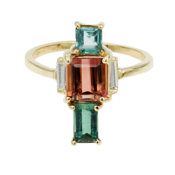 Multi color tourmaline baguette diamond Galaxy Ring