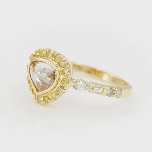 Galaxy yellow diamond halo rose cut heart diamond ring