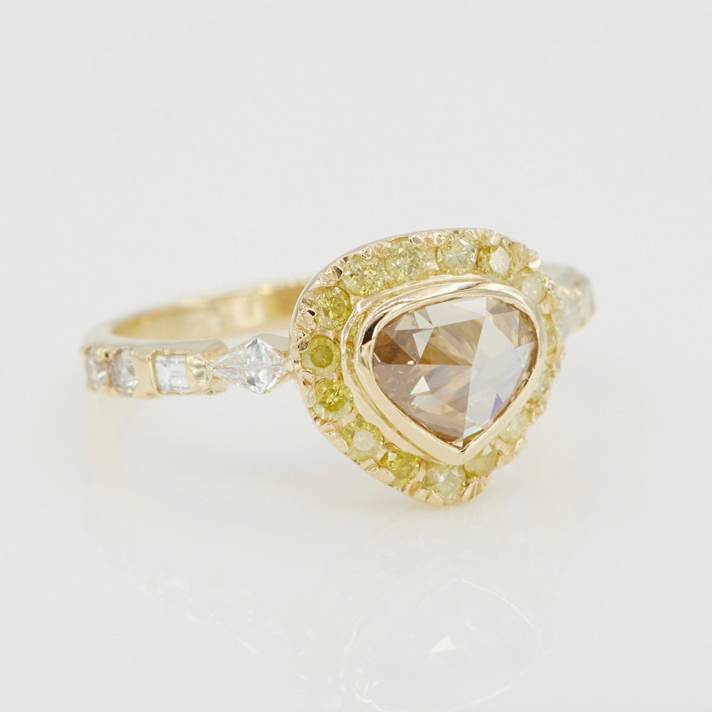 Galaxy yellow diamond halo rose cut heart diamond ring