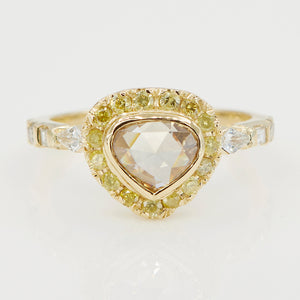 Galaxy yellow diamond halo rose cut heart diamond ring