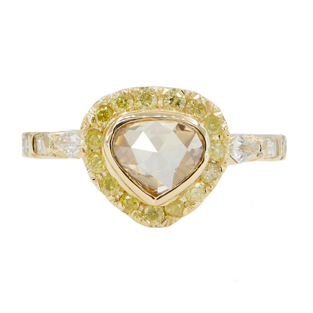 Galaxy yellow diamond halo rose cut heart diamond ring