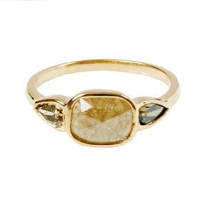 Stardust greenish gray rose cut long cushion diamond ring