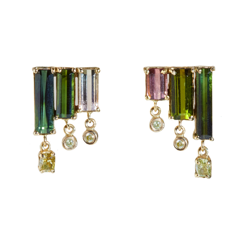 Galaxy green and bi color tourmaline diamond earrings