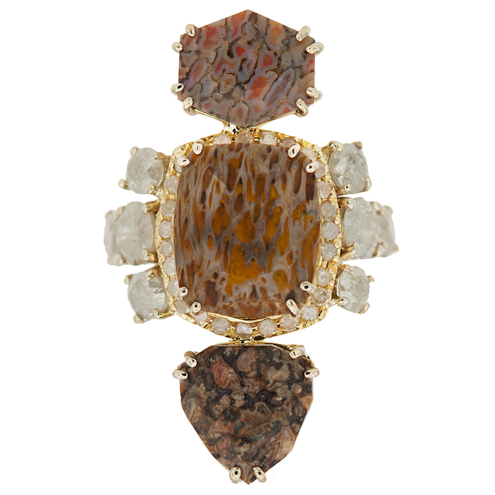 Galaxy Rare fossilized dinosaur bone and icy gray diamond ring