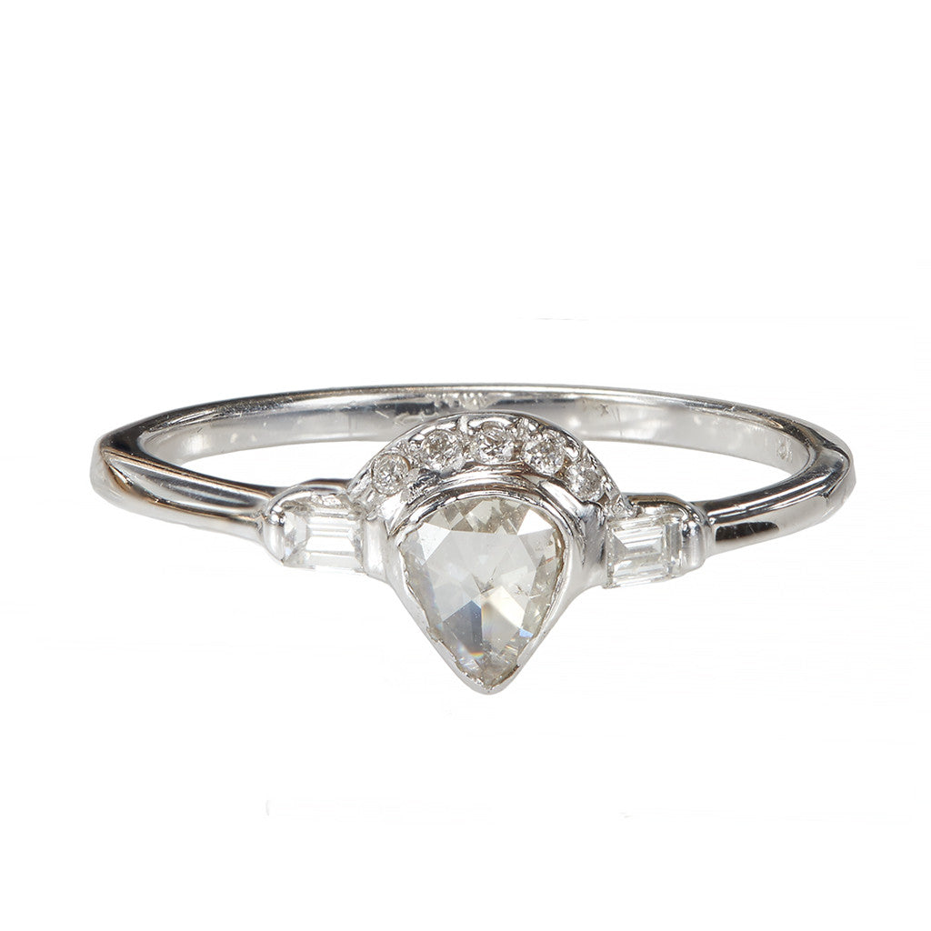 Galaxy pear rose cut diamond white gold ring