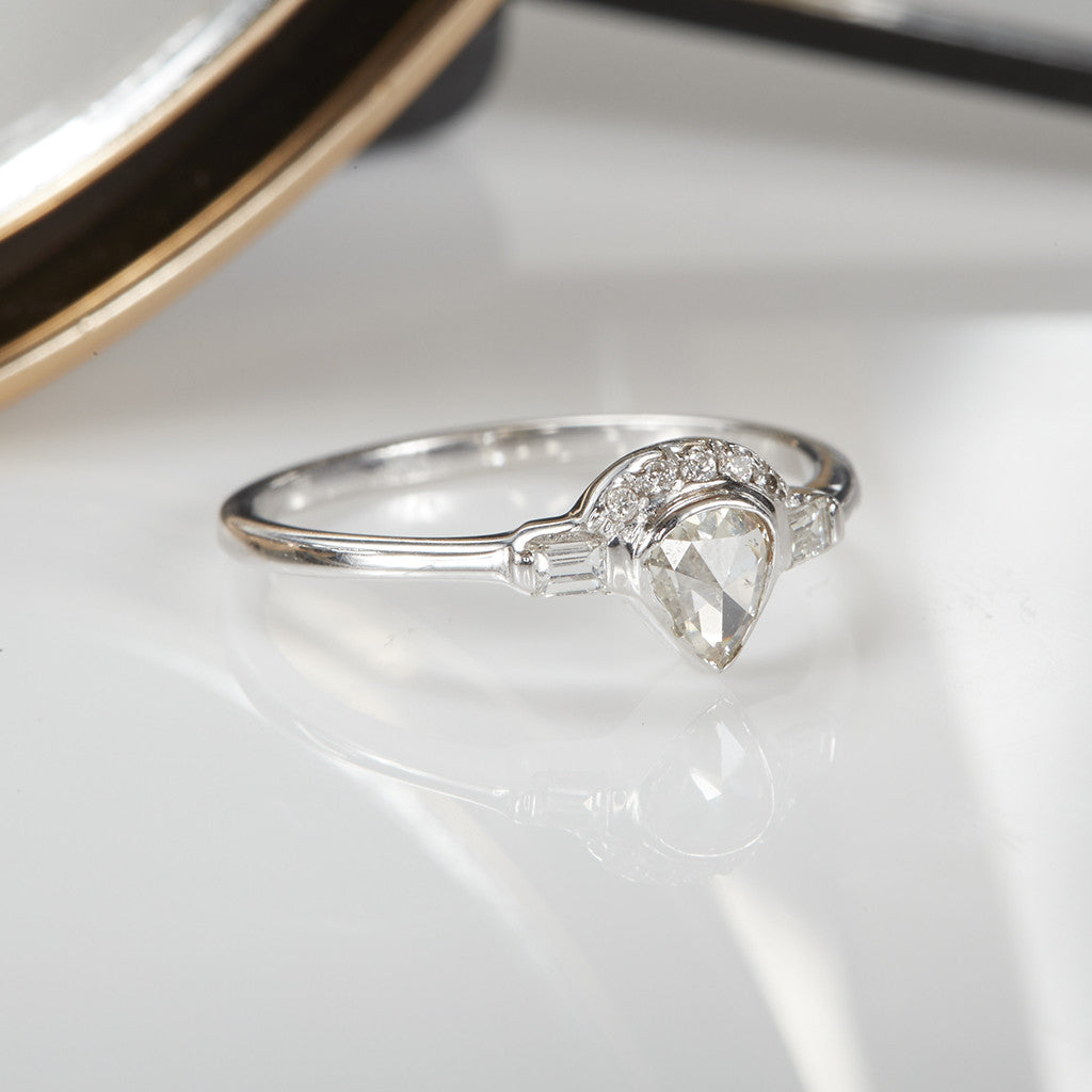 Galaxy pear rose cut diamond white gold ring
