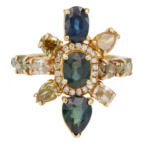 Galaxy blue and bluish green sapphire color diamond ring