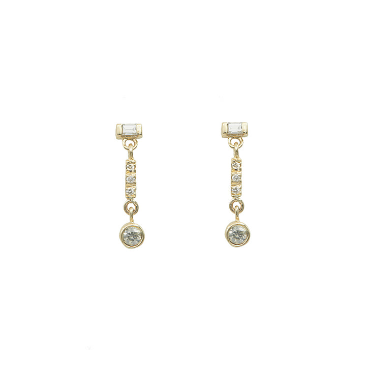 Gravity baguette and round diamond line earrings