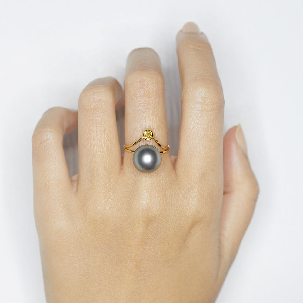 Lily Treacy 10-11mm Tahitian black Pearl Diamond 14K white gold ring s