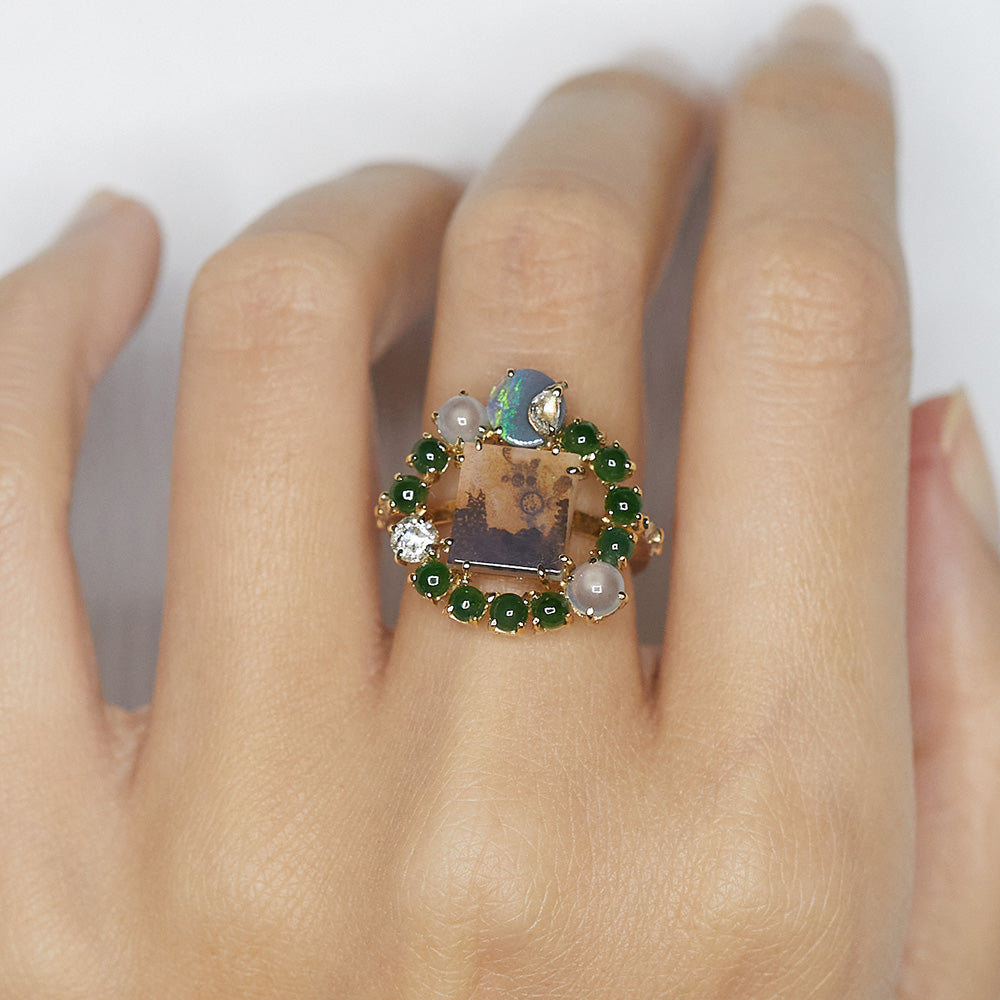Galaxy natural picture agate jadeite diamond ring