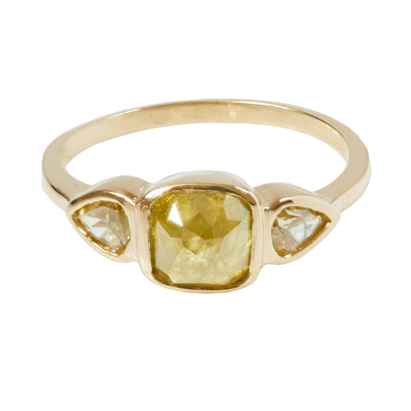 Stardust greenish yellow rose cut cushion diamond ring