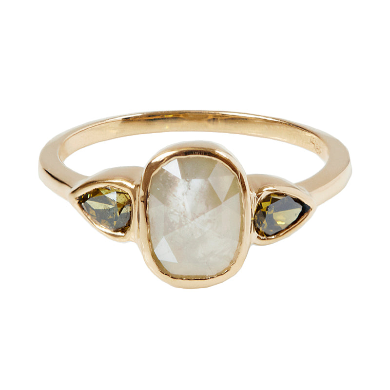 Stardust light gray rose cut long cushion diamond ring