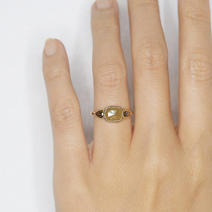 Stardust greenish gray rose cut long cushion diamond ring