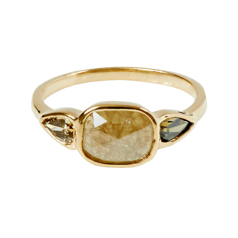 Stardust greenish gray rose cut long cushion diamond ring