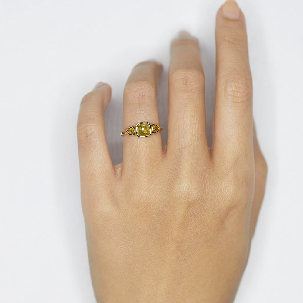 Stardust greenish yellow rose cut cushion diamond ring