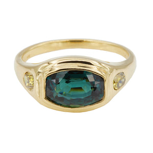 Neptune bluish green tourmaline diamond signet ring
